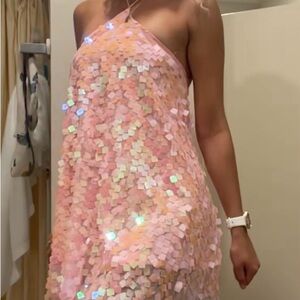 Pink Sequin Halter Dress
